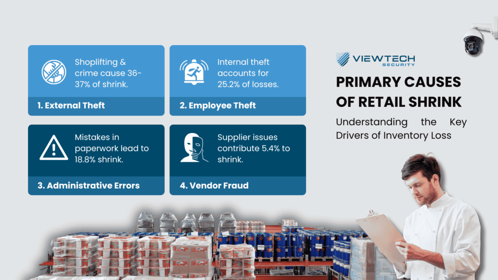 A worker with a clipboard in a warehouse, with text listing the primary causes of retail shrink: 1. External Theft (36-37%), 2. Employee Theft (25.2%), 3. Administrative Errors (18.8%), 4. Vendor Fraud (5.4%)