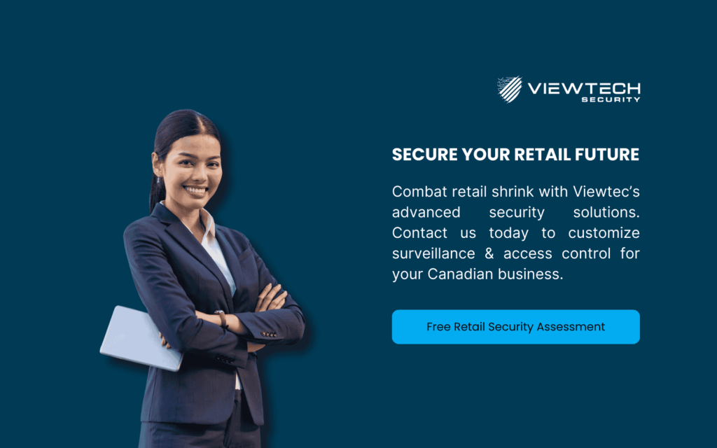 A professional in a suit with a tablet, with text: "Secure Your Retail Future: Combat retail shrink with Viewtec's advanced security solutions. Contact us today for a free retail security assessment in Canada.